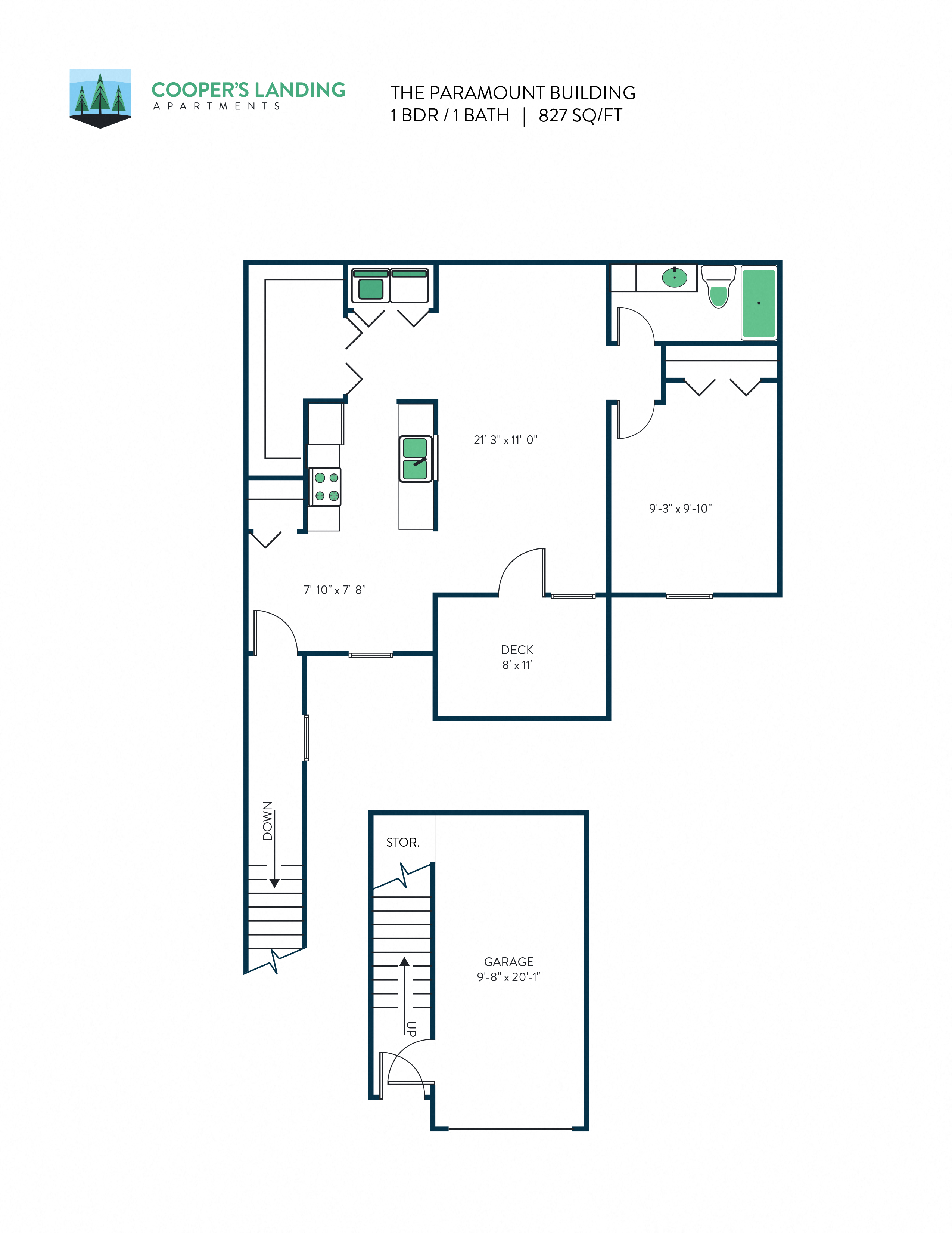 Floor plan for 1 bed, 1 bath, 827 sqft